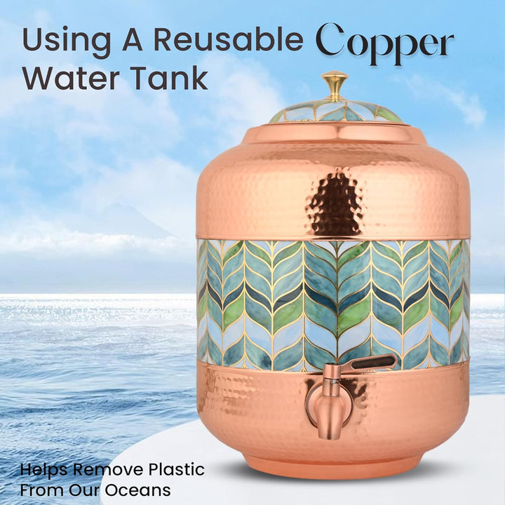Copper Water Dispenser Royal Green Leaf Design & Hammer Carved – 11Ltr