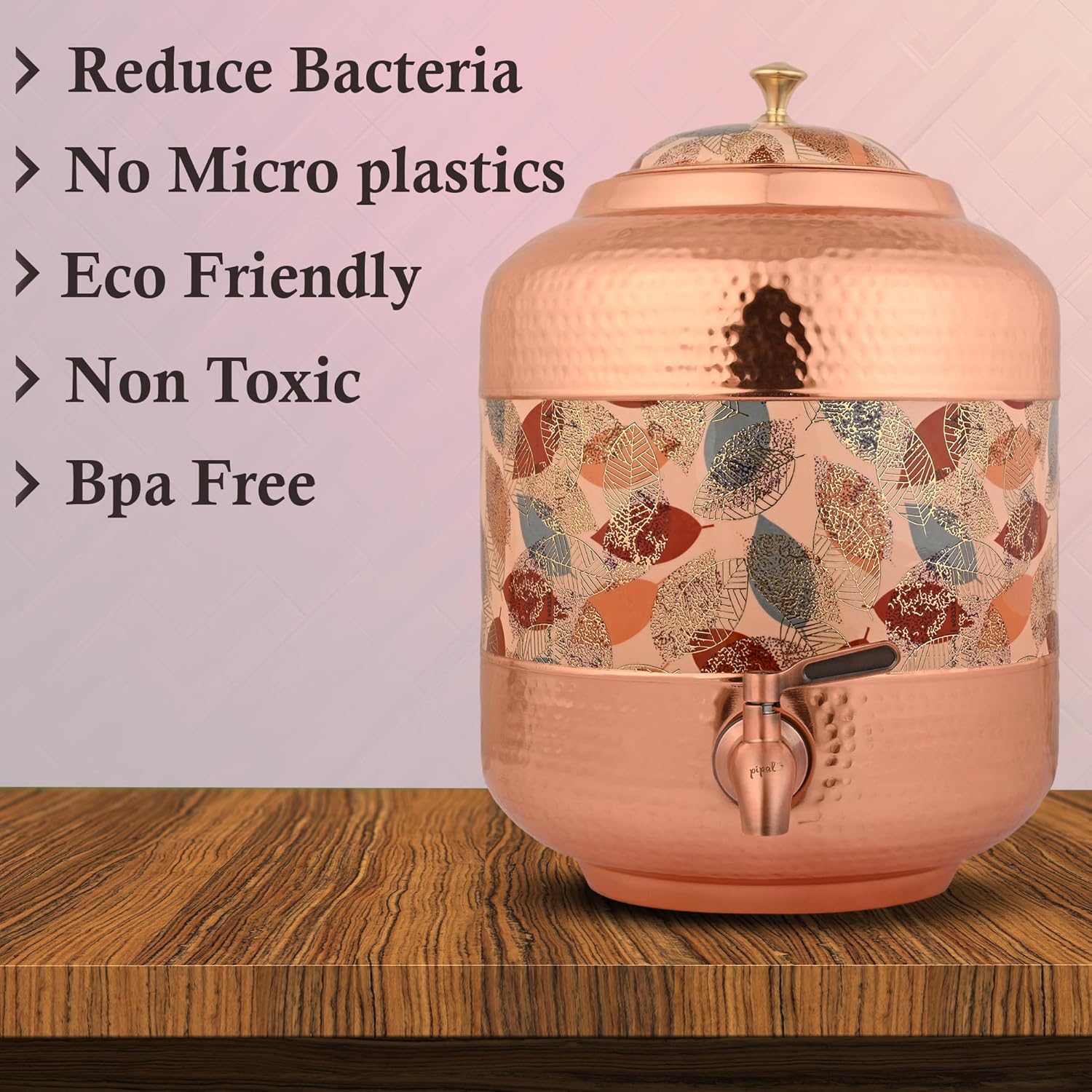 Copper Water Dispenser With Yellow & Gold Hammer Carved Design – 11Ltr