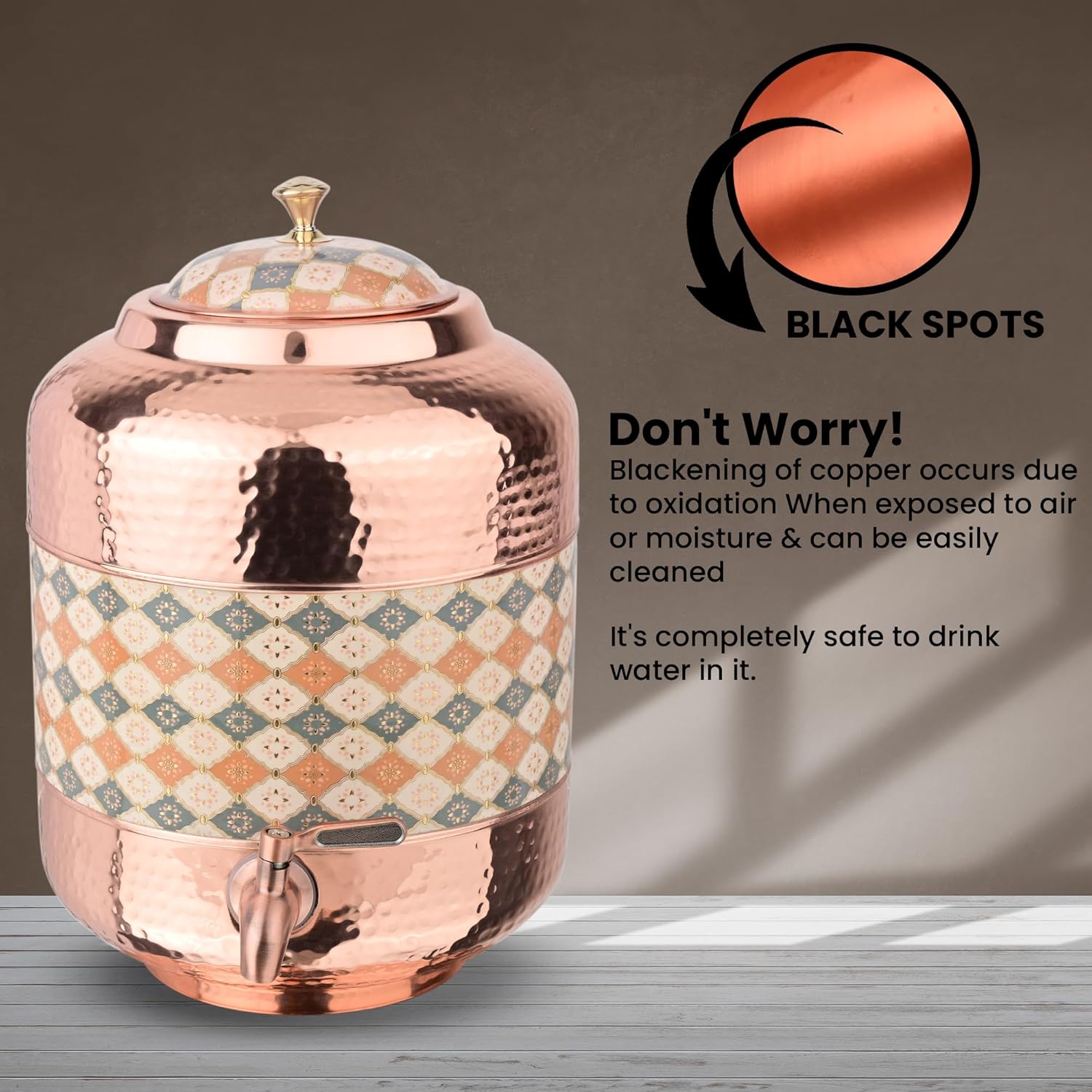 Ayurvedic Pure Copper Matka With Elegant Hammered Ethnic Design 11Ltr