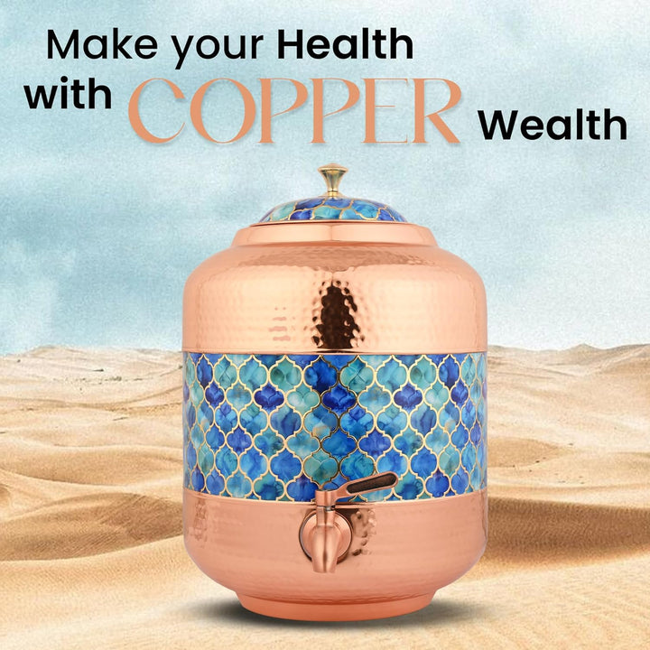 Copper Water Dispenser Royal Blue Hammer Carved Design – 11Ltr