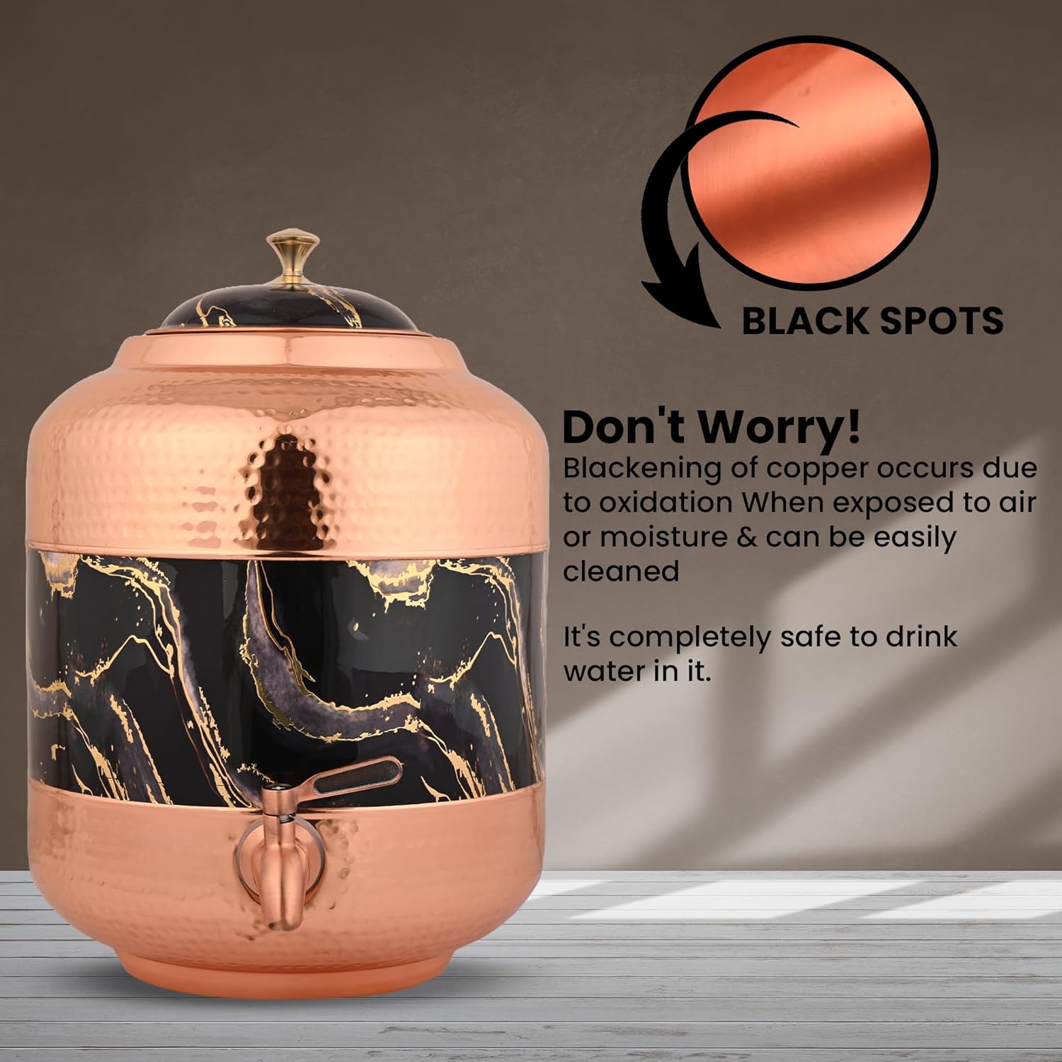 Pure Copper Water Dispenser With Royal Black Hammer Carved Design – 11Ltr