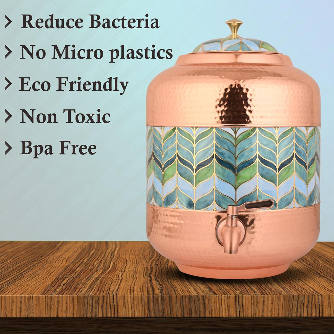 Copper Water Dispenser Royal Green Leaf Design & Hammer Carved – 11Ltr