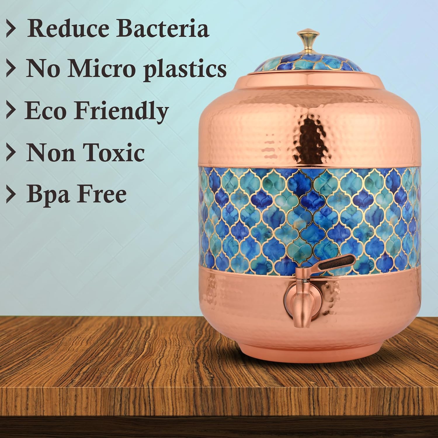 Copper Water Dispenser Royal Blue Hammer Carved Design – 11Ltr