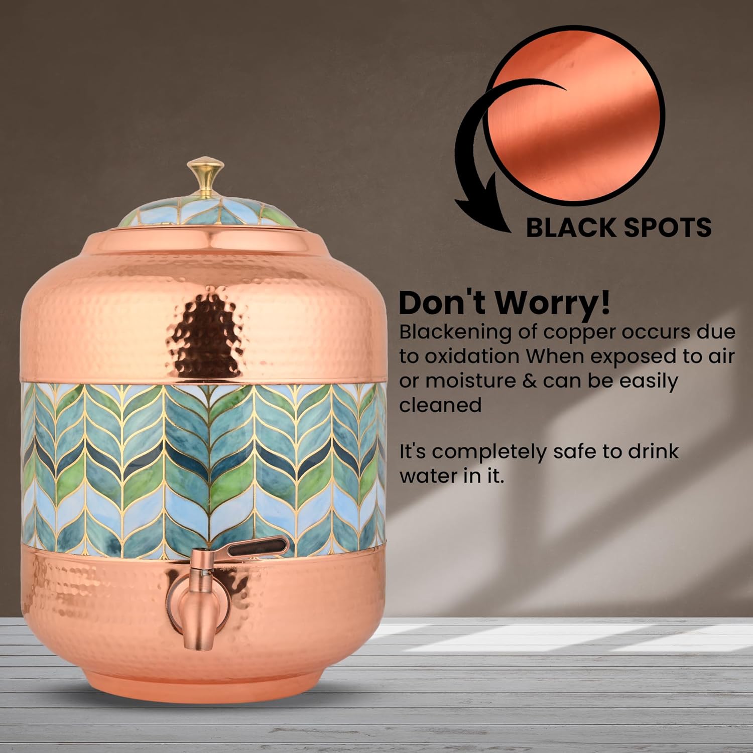 Copper Water Dispenser Royal Green Leaf Design & Hammer Carved – 11Ltr