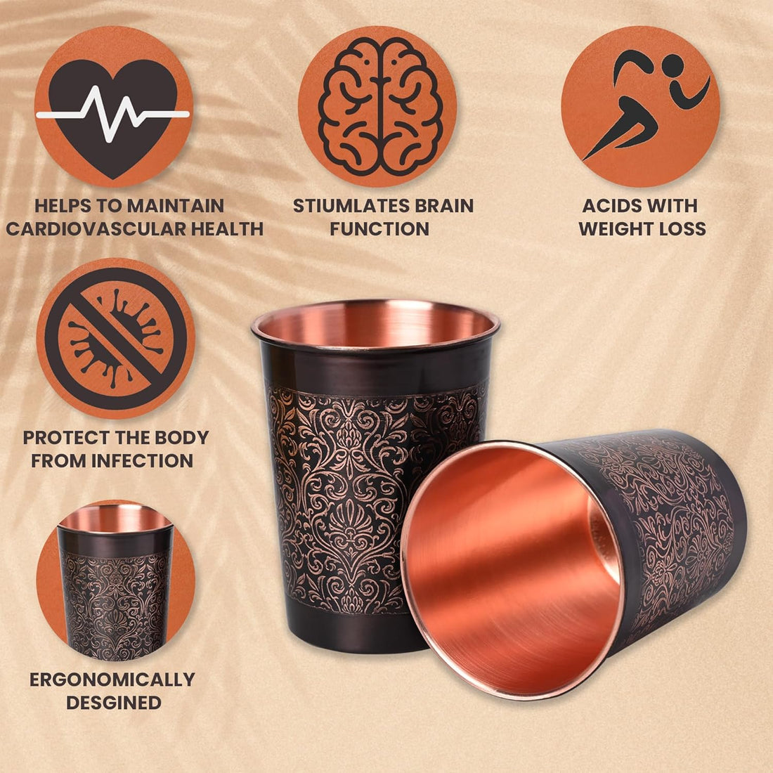 India Premium Copper Water Glass – Handcrafted Carving Design