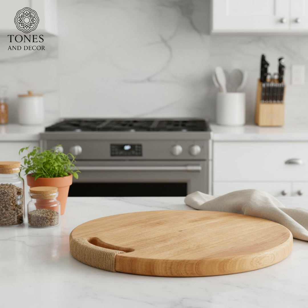 Handcrafted Round Wooden Chopping Board with Rope Handle – 38.1 cm (Heavy-Duty)