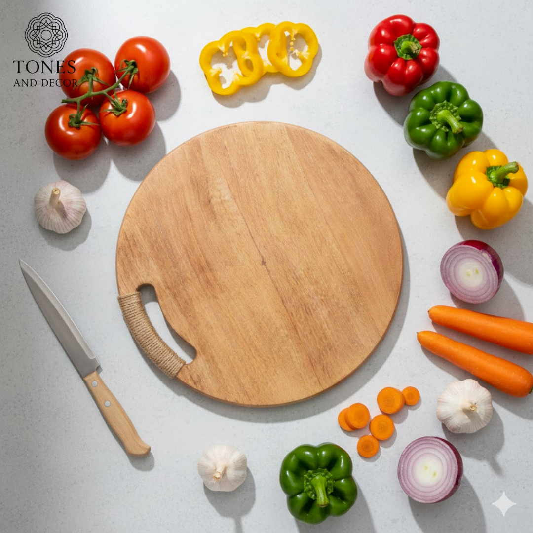 Handcrafted Round Wooden Chopping Board with Rope Handle – 38.1 cm (Heavy-Duty)