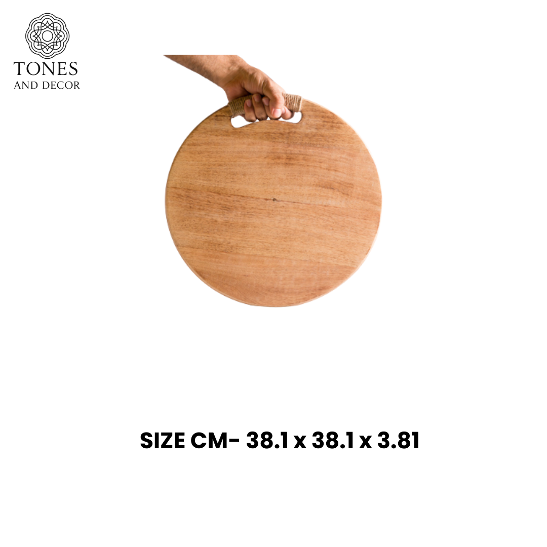 Handcrafted Round Wooden Chopping Board with Rope Handle – 38.1 cm (Heavy-Duty)