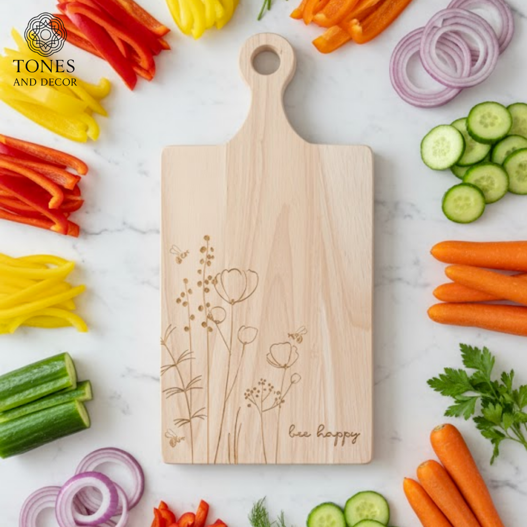 Floral Engraved Wooden Chopping & Serving Board – “Bee Happy” Design