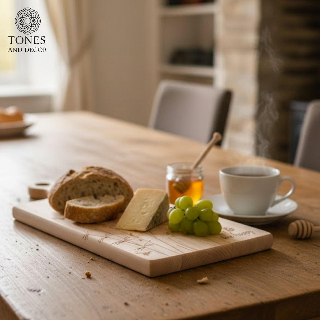 Floral Engraved Wooden Chopping & Serving Board – “Bee Happy” Design