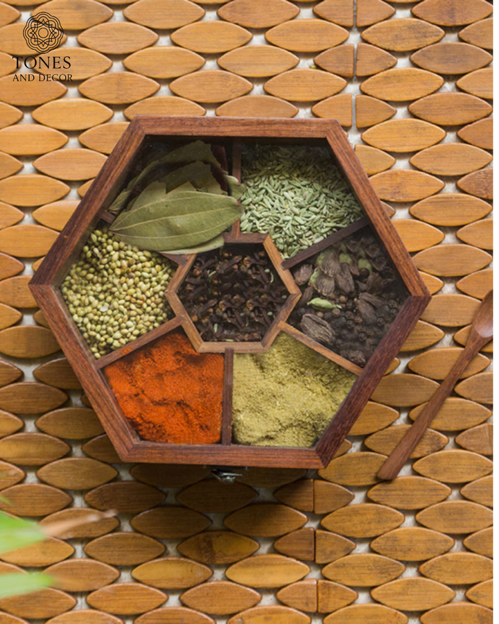Handcrafted Hexagonal Wooden Spice Box with Glass Lid