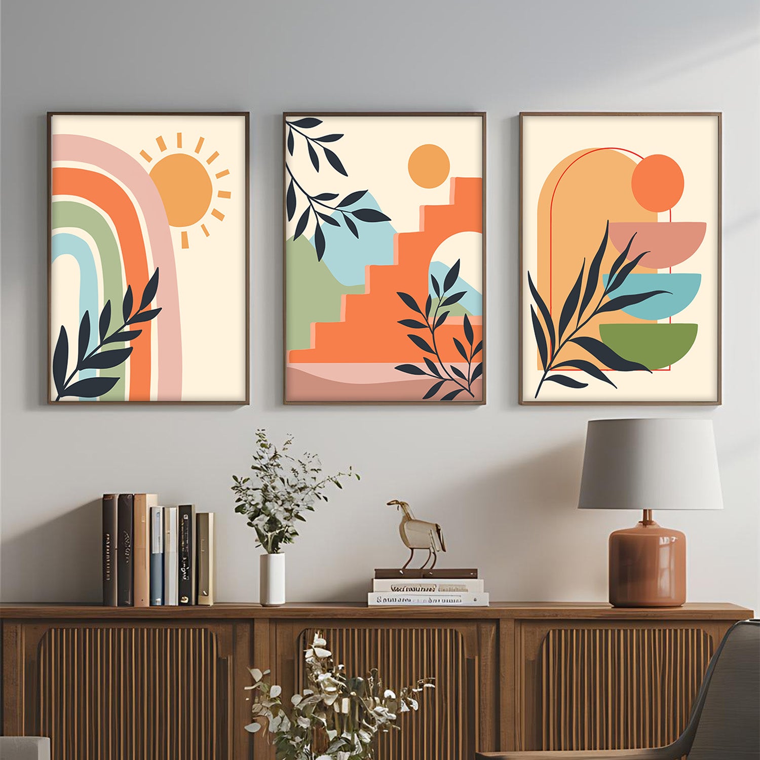 Boho Abstract Wall Art – Modern Rainbow, Botanical & Geometric Framed Prints