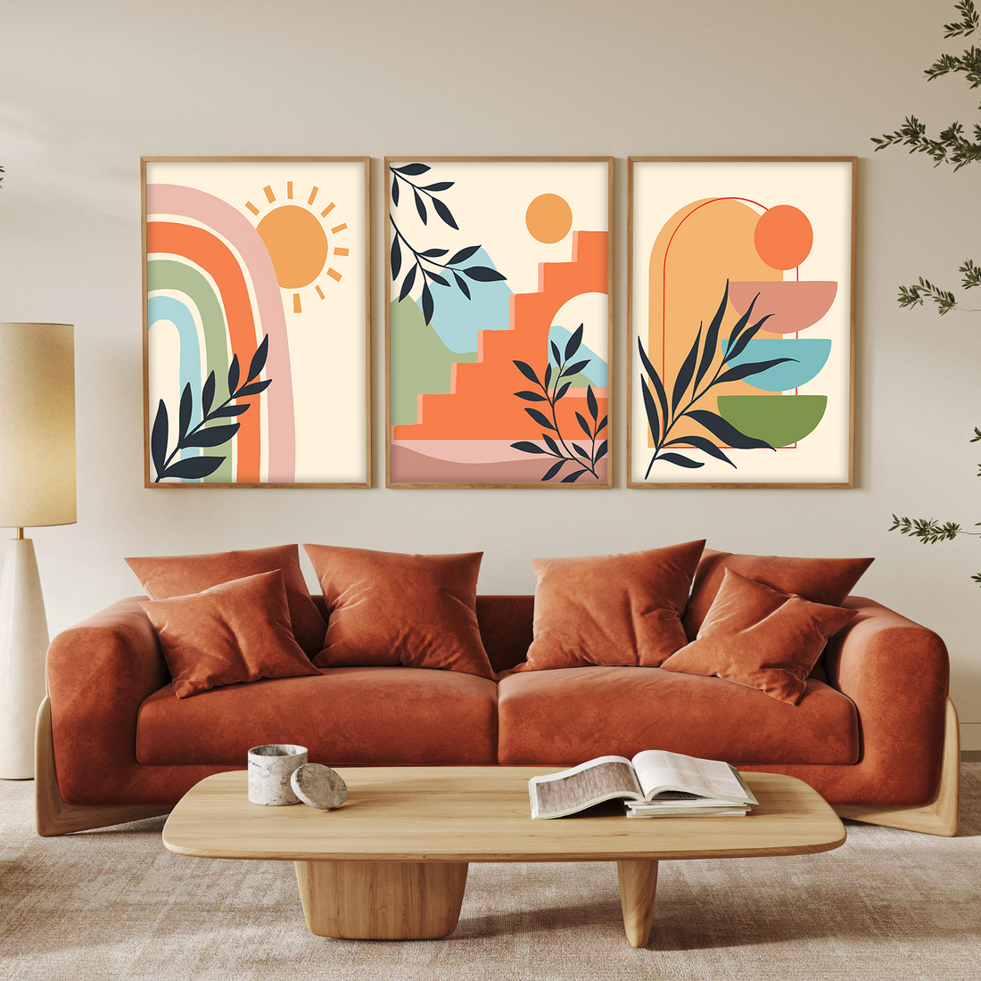 Boho Abstract Wall Art – Modern Rainbow, Botanical & Geometric Framed Prints