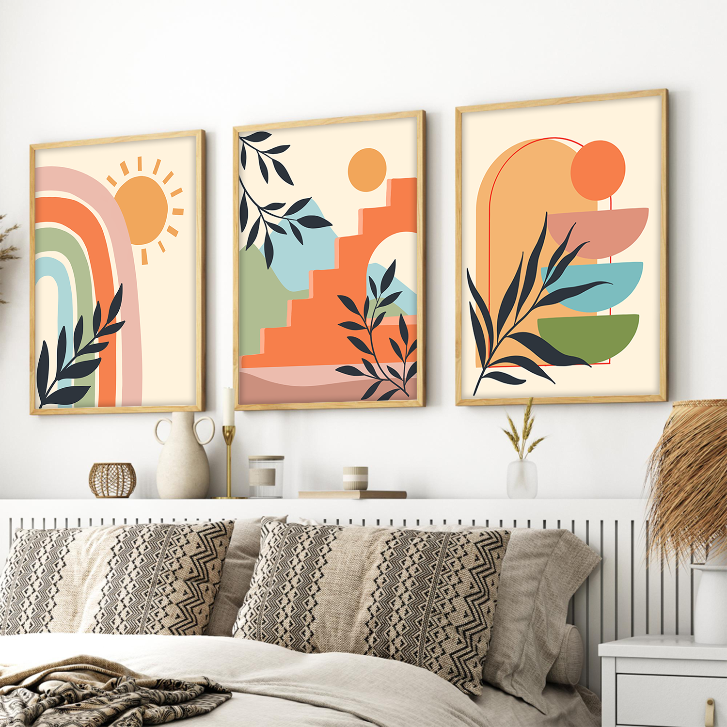 Boho Abstract Wall Art – Modern Rainbow, Botanical & Geometric Framed Prints