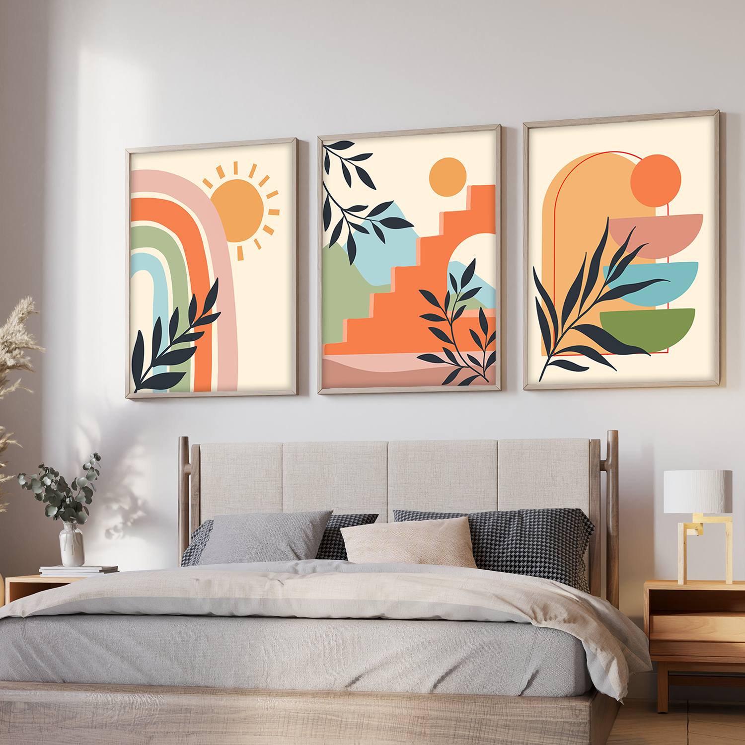 Boho Abstract Wall Art – Modern Rainbow, Botanical & Geometric Framed Prints