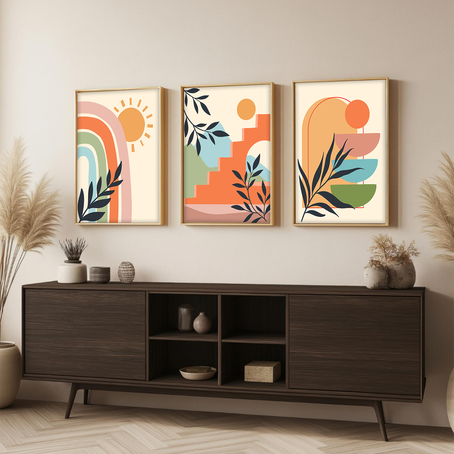 Boho Abstract Wall Art – Modern Rainbow, Botanical & Geometric Framed Prints