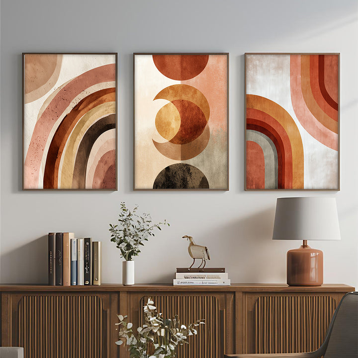 Mid-Century Modern Abstract Wall Art – Terracotta Rainbow & Geometric Framed Prints