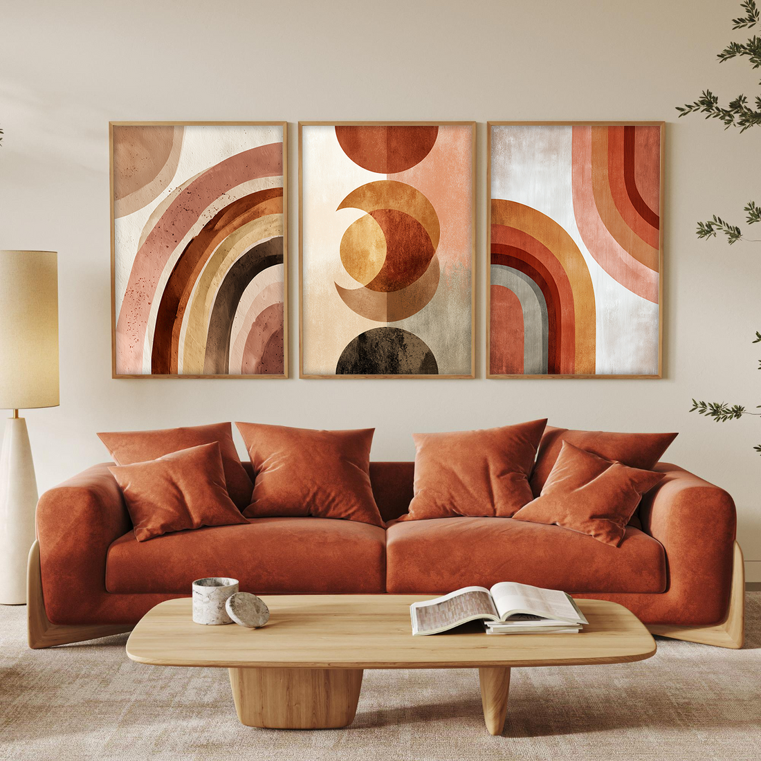 Mid-Century Modern Abstract Wall Art – Terracotta Rainbow & Geometric Framed Prints