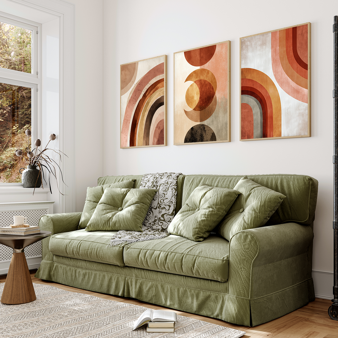 Mid-Century Modern Abstract Wall Art – Terracotta Rainbow & Geometric Framed Prints