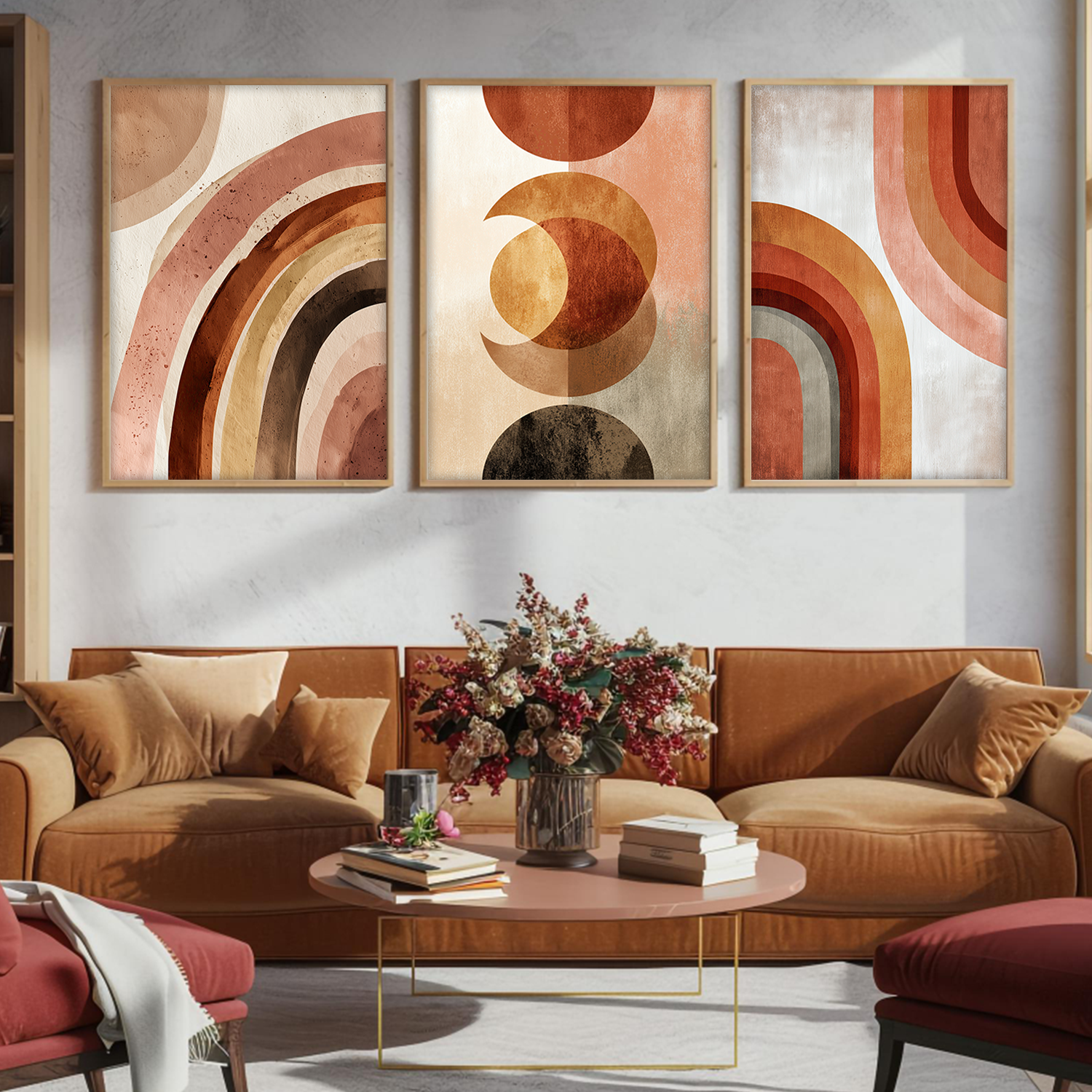 Mid-Century Modern Abstract Wall Art – Terracotta Rainbow & Geometric Framed Prints