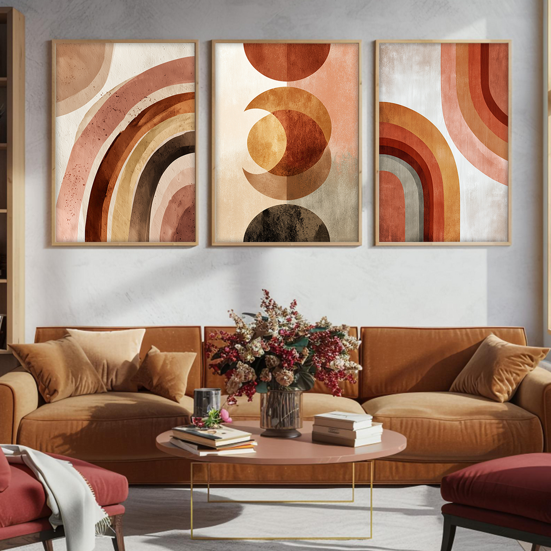 Mid-Century Modern Abstract Wall Art – Terracotta Rainbow & Geometric Framed Prints