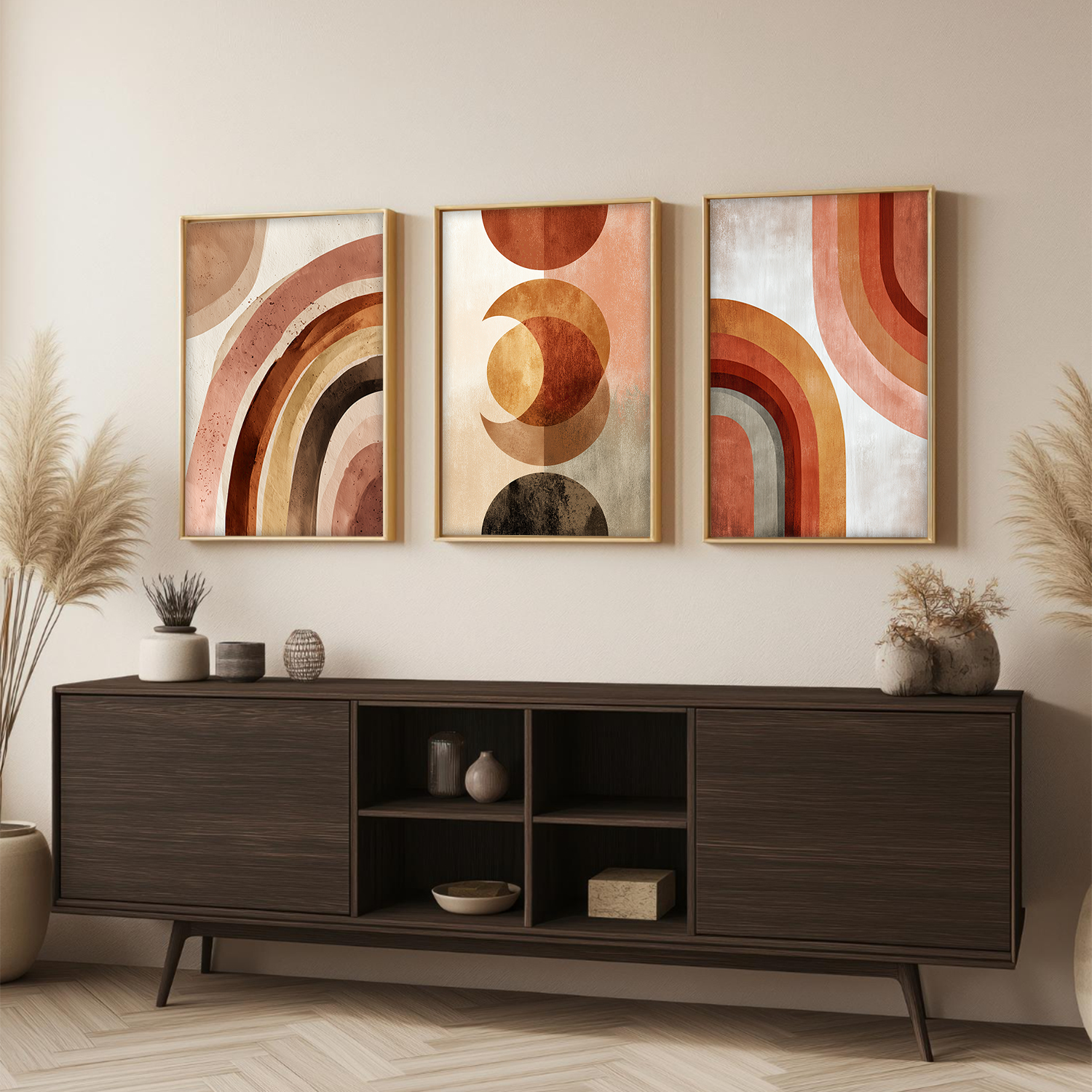 Mid-Century Modern Abstract Wall Art – Terracotta Rainbow & Geometric Framed Prints