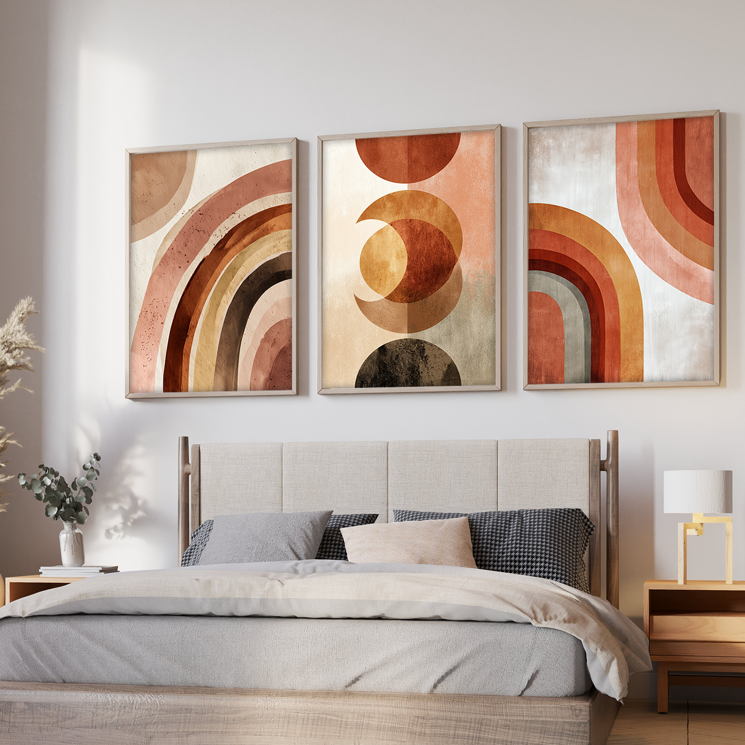 Mid-Century Modern Abstract Wall Art – Terracotta Rainbow & Geometric Framed Prints