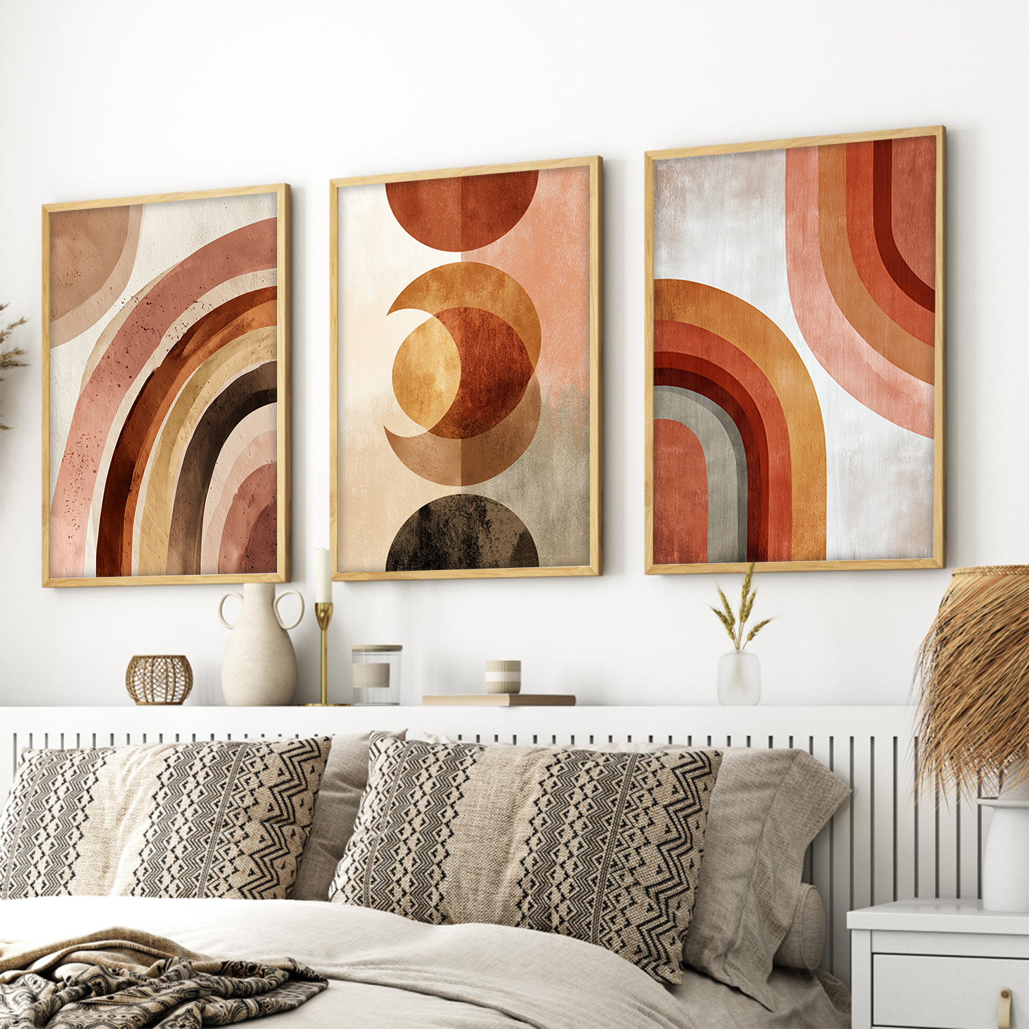 Mid-Century Modern Abstract Wall Art – Terracotta Rainbow & Geometric Framed Prints