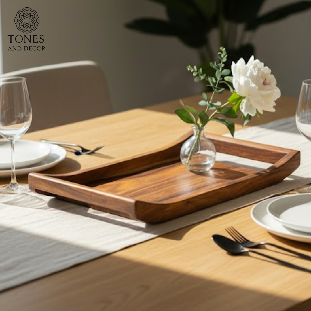 Premium Rectangular Mango Wood Serving Tray with Raised Handles