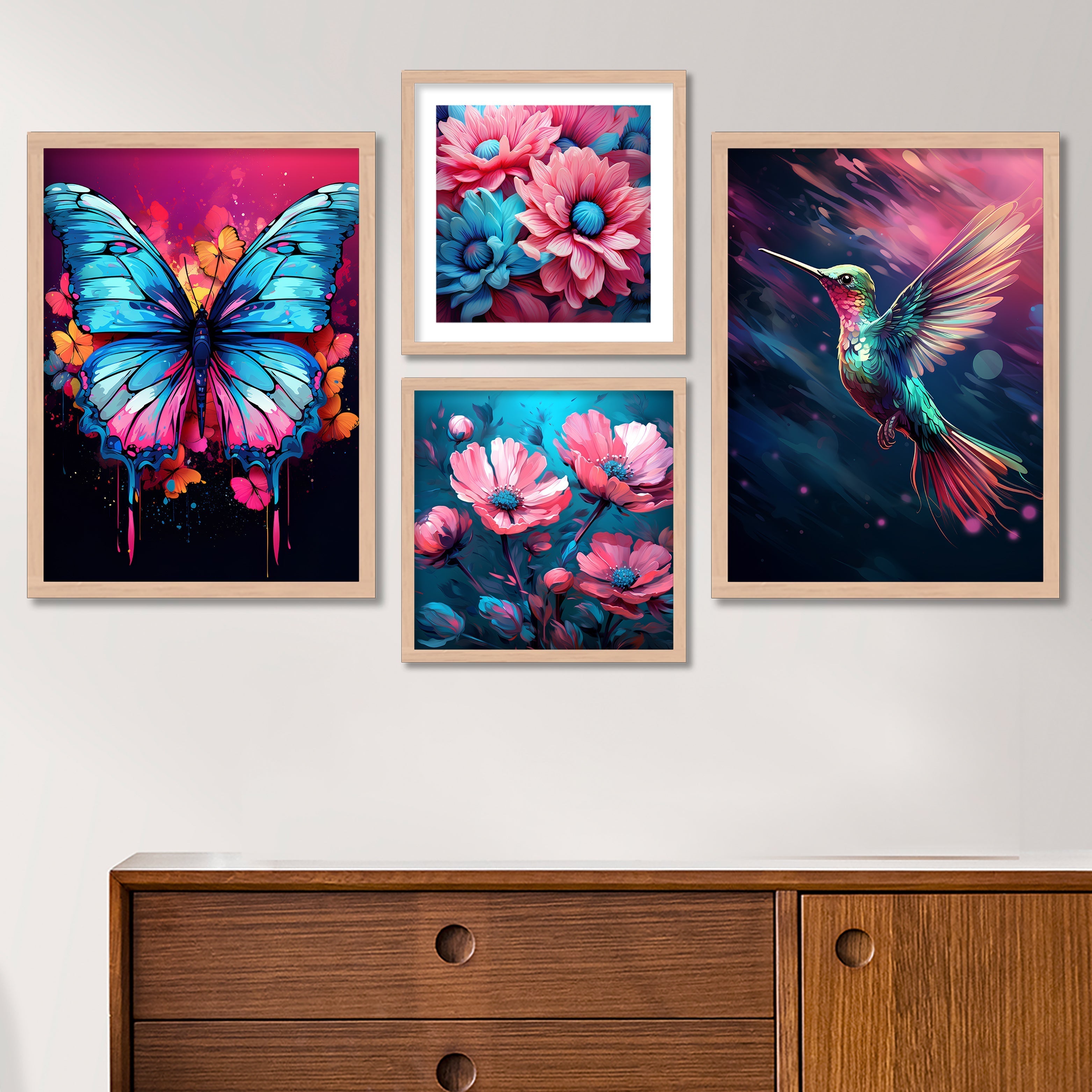 Flower With Sparrow And Butterfly