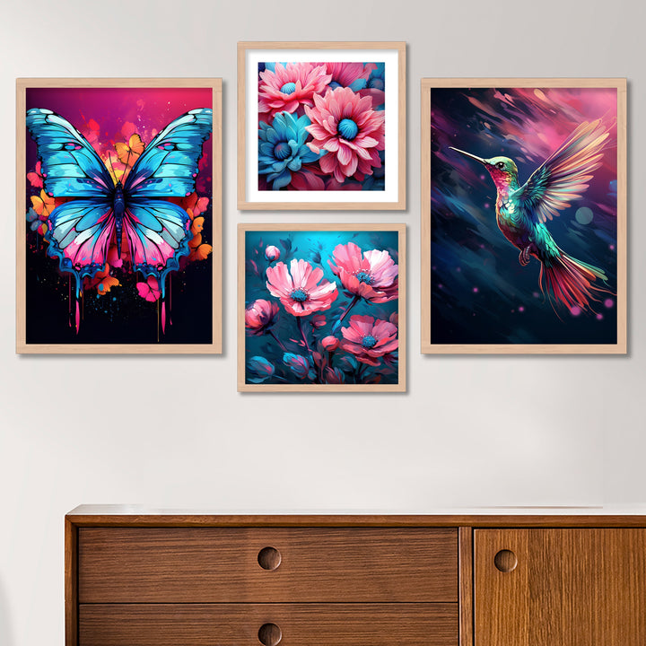 Flower With Sparrow And Butterfly