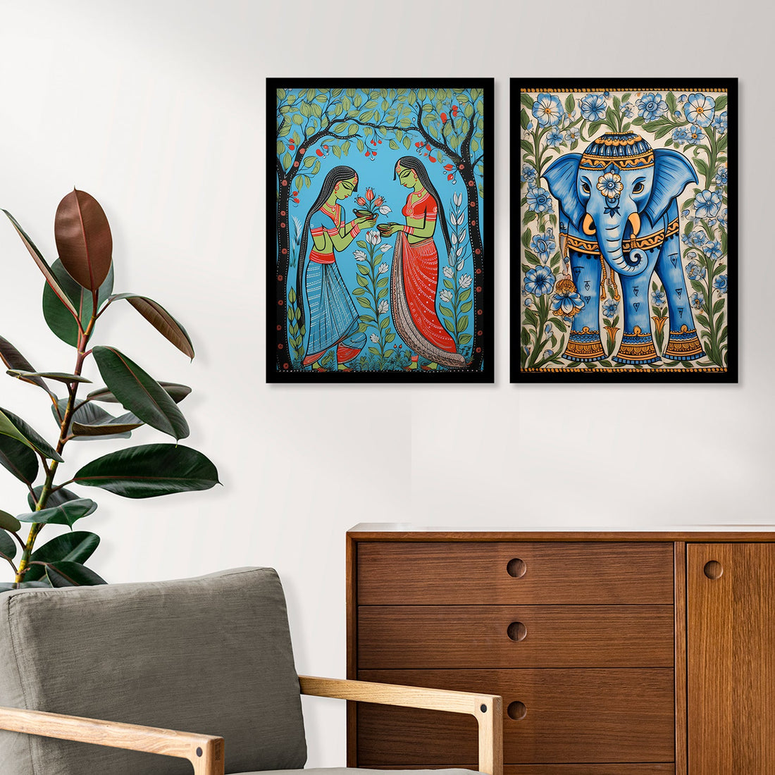 Floral Elephant Madhubani Framed Wall Painting