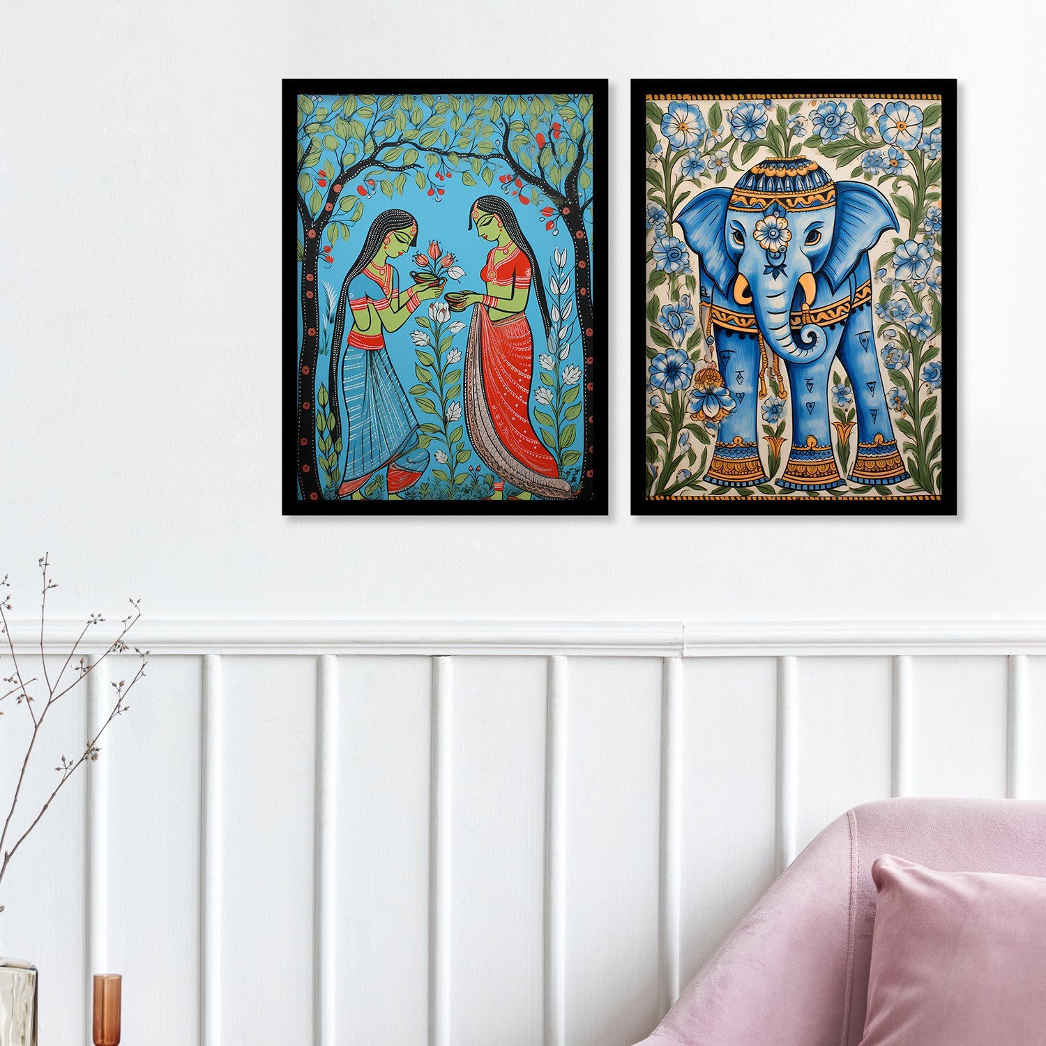 Floral Elephant Madhubani Framed Wall Painting