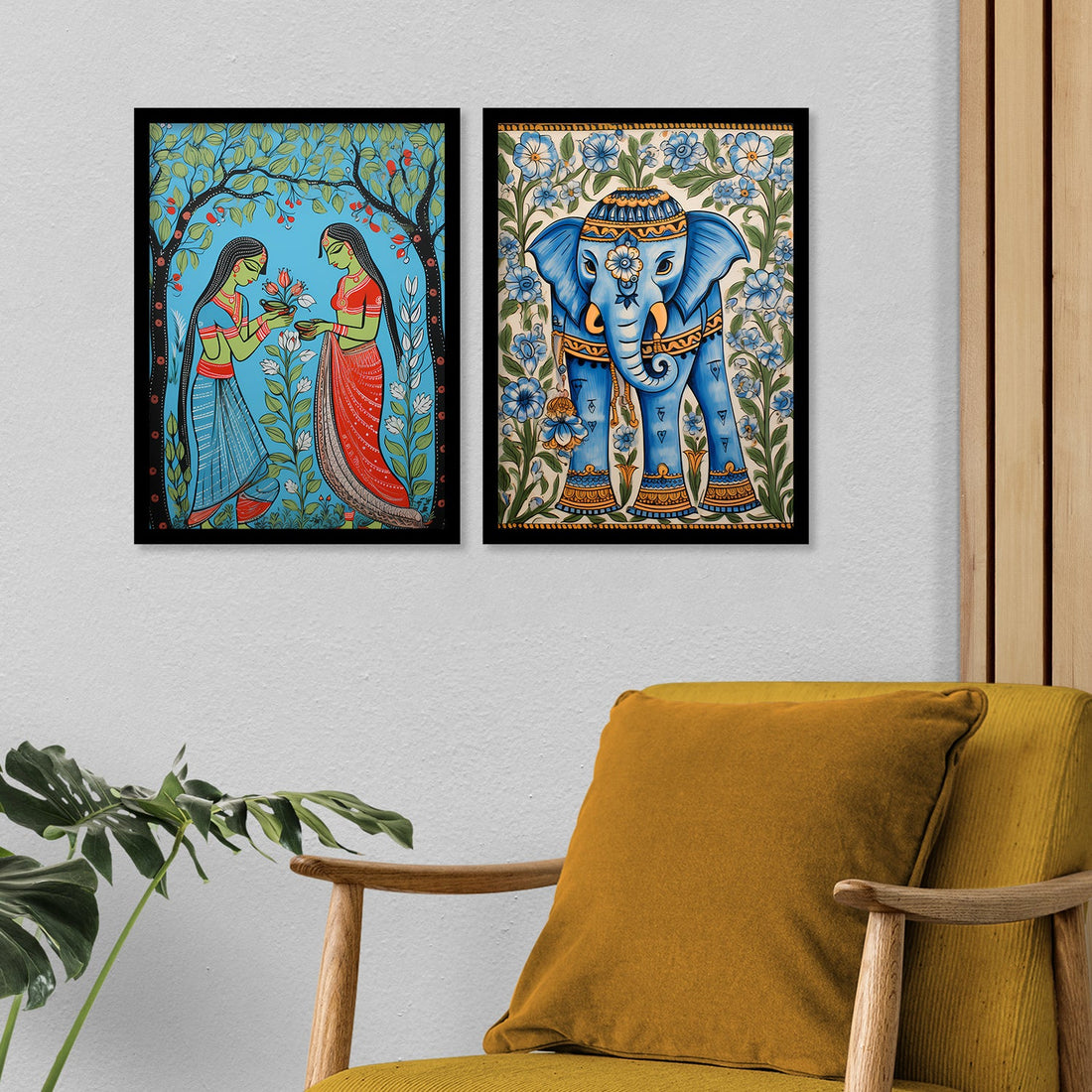 Floral Elephant Madhubani Framed Wall Painting