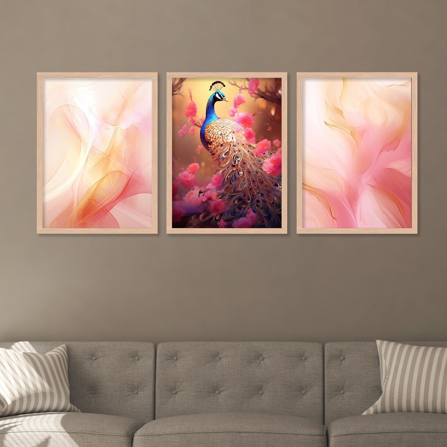 Pink Colour Shade And Peacock Wall Art