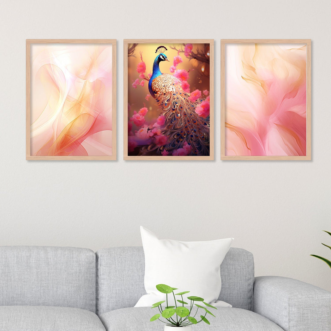 Pink Colour Shade And Peacock Wall Art