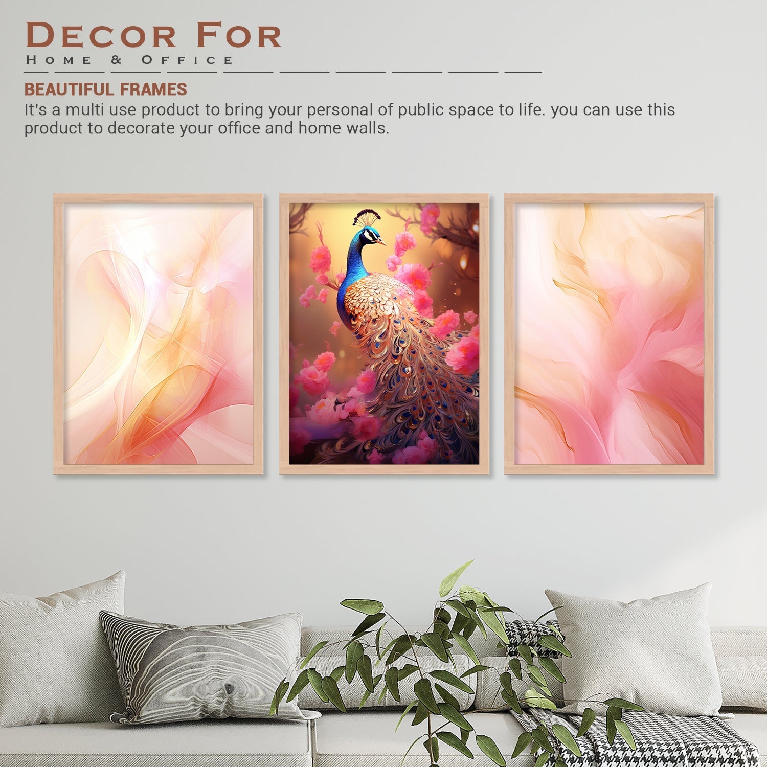 Pink Colour Shade And Peacock Wall Art