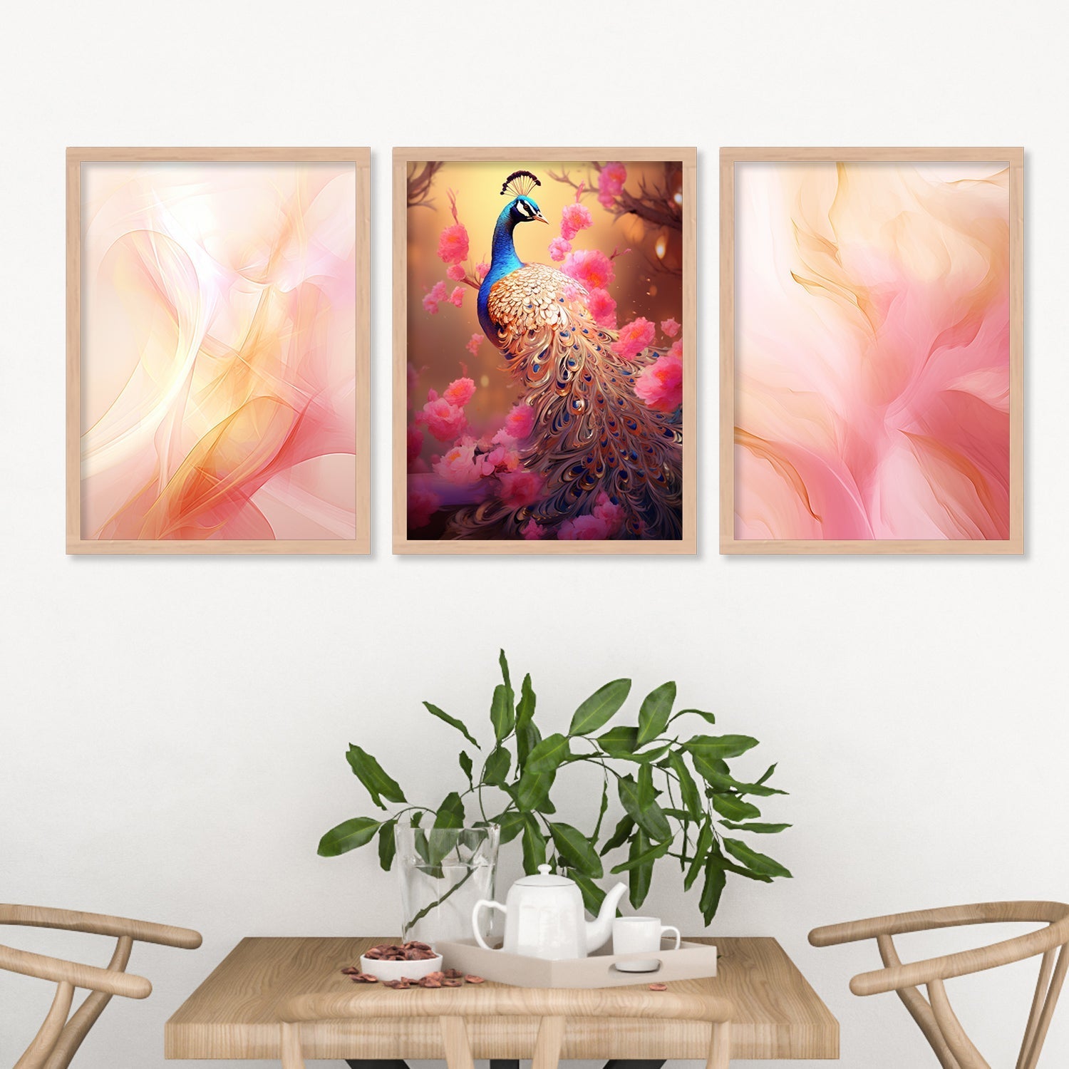 Pink Colour Shade And Peacock Wall Art