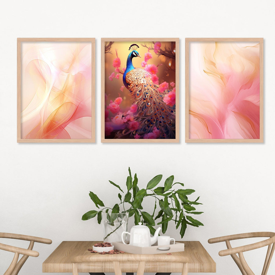 Pink Colour Shade And Peacock Wall Art