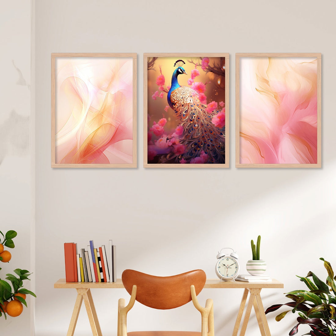 Pink Colour Shade And Peacock Wall Art