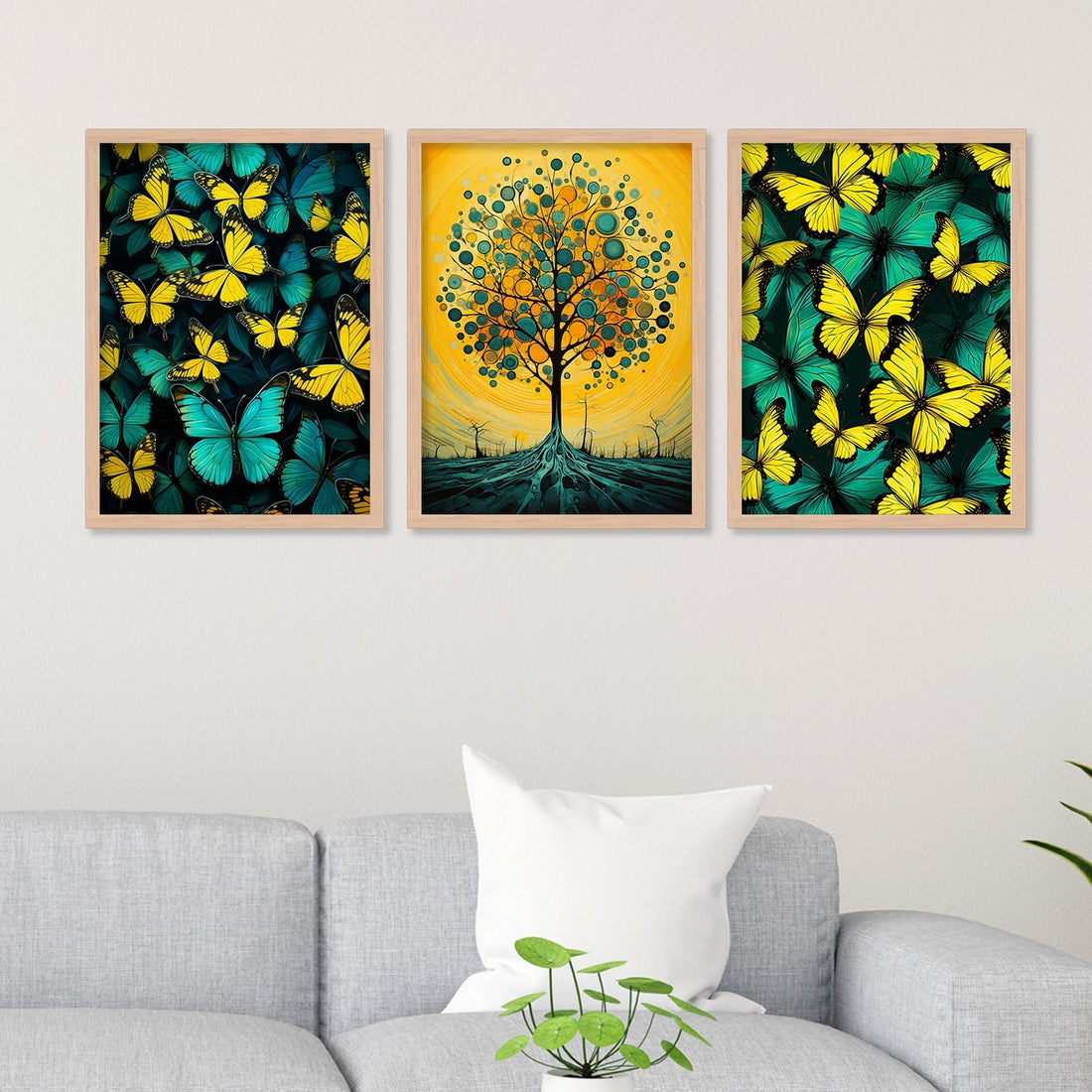 Green And Yellow Butterfly With Tree