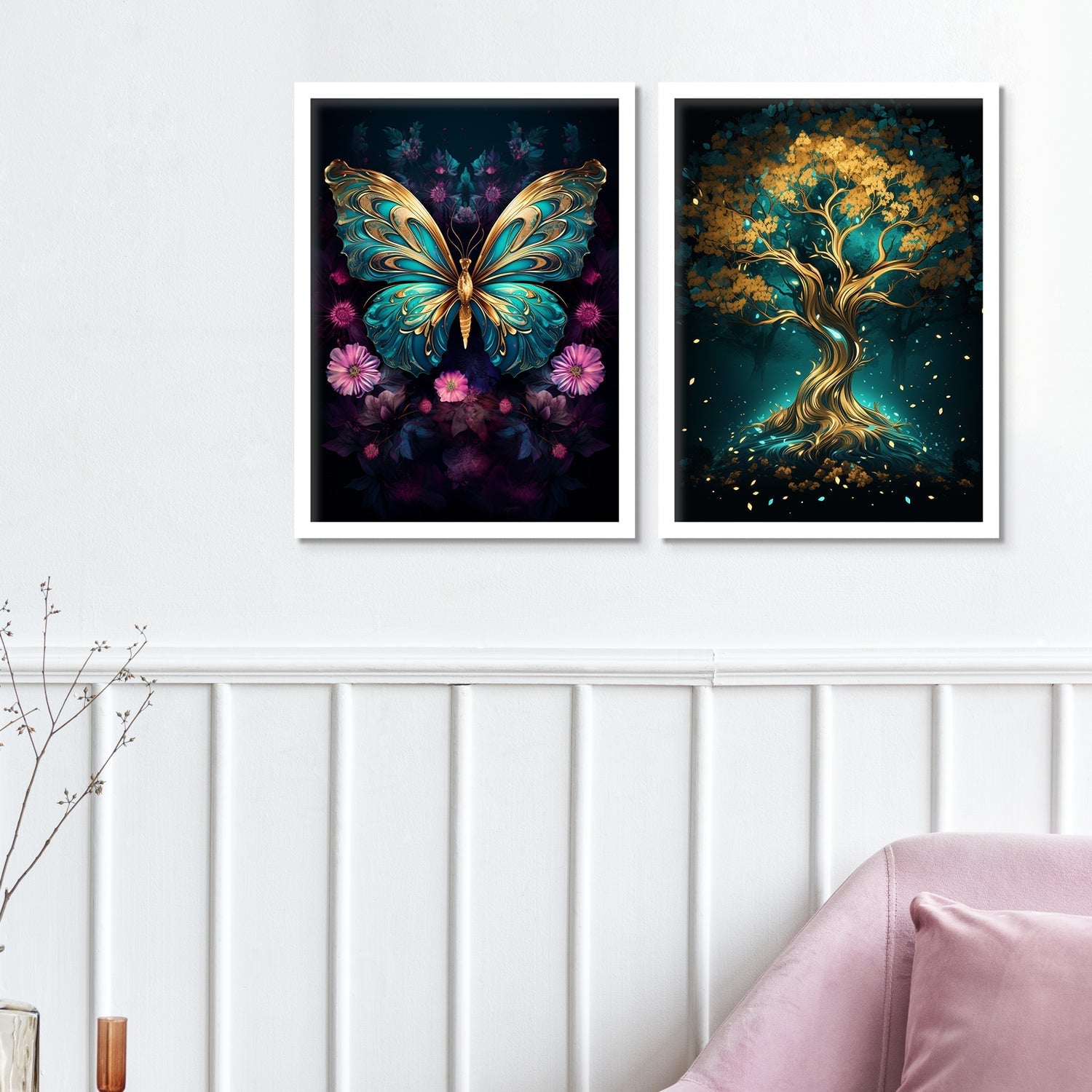 Golden Butterfly And Golden Tree Wall Art