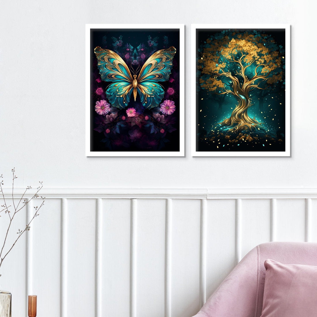 Golden Butterfly And Golden Tree Wall Art