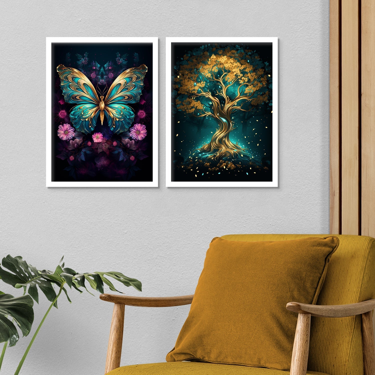Golden Butterfly And Golden Tree Wall Art